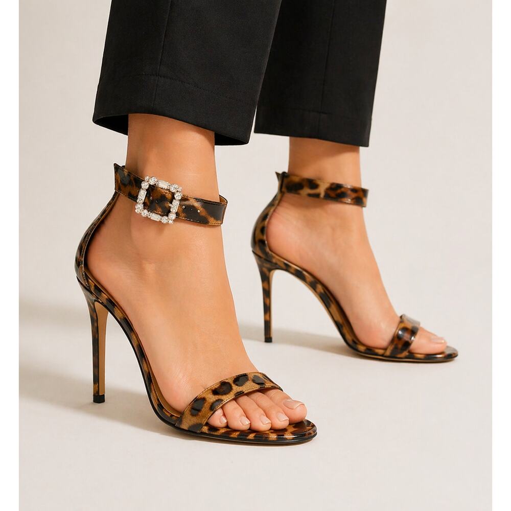 Manolo Blahnik Leopard Print Coated Leather Crystal Buckle Heel Sandals IT 39.5
